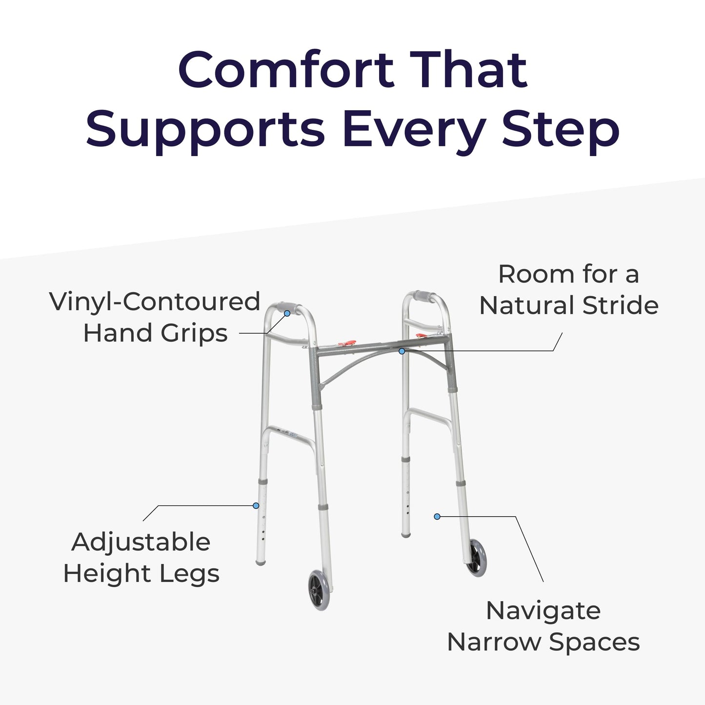 Drive Medical Two-Button Folding Walker w/ Wheels - Lightweight Rolling Mobility Support - Adjustable Height - Dual Push-Button Operation - 5 Inch Front Wheels - Durable Aluminum - Silver