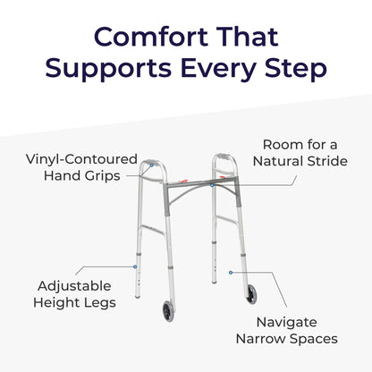 Drive Medical Two-Button Folding Walker w/ Wheels - Lightweight Rolling Mobility Support - Adjustable Height - Dual Push-Button Operation - 5 Inch Front Wheels - Durable Aluminum - Silver