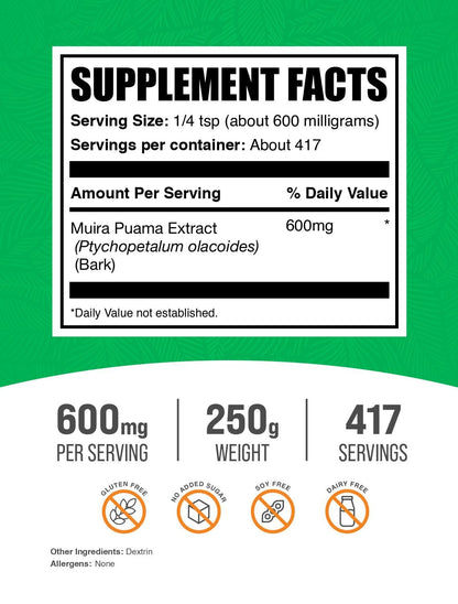 BulkSupplements.com Muira Puama Extract Powder - Muira Puama Supplement, from Muira Puama Bark - Herbal Supplement, Gluten Free, 600mg per Serving, 250g (8.8 oz) (Pack of 1)