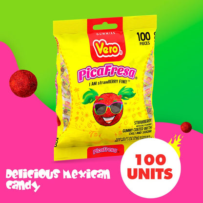 Vero Pica fresa - Strawberry Flavored Chewy Gummy Candy Treats - 100 Piece (Pack of 1)- (1 Lb, 5.15 Ounces Each) - Individually Wrapped Mexican Candy Perfect for Piñatas, Halloween, and More