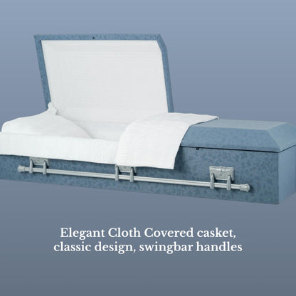 Titan Casket – Oversized Slate Gray Cloth Covered Casket with White Crepe Interior | Handcrafted Large Funeral Casket for Dignified Burial Services