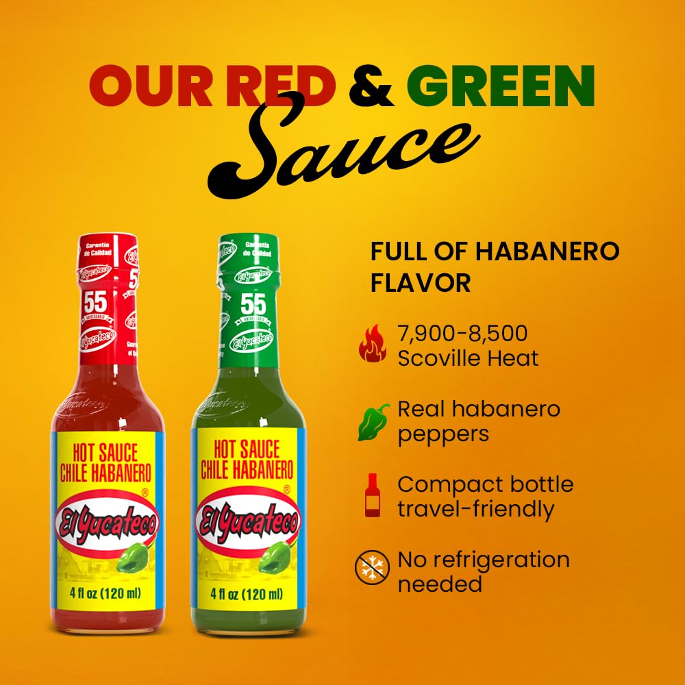 EL YUCATECO Hot Sauce, Aauthentic Mexican Hot Sauce Flavor, Bold Taste with Real Habanero Salsa, Fiery kick in every drop, Spicy gift set, Gourmet flavor, 2-pack Green and Red sauce | 4oz each