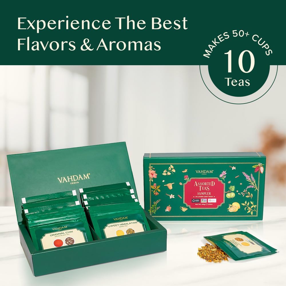 VAHDAM Top 10 Favourites Tea Sampler Set | Loose Leaf Tea (50+ Cups) | Tea Variety Pack with Green, Herbal, Black & Chai Brew | Vacuum Sealed For Freshness | Brew Hot & Cold