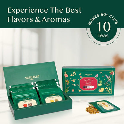 VAHDAM Top 10 Favourites Tea Sampler Set | Loose Leaf Tea (50+ Cups) | Tea Variety Pack with Green, Herbal, Black & Chai Brew | Vacuum Sealed For Freshness | Brew Hot & Cold