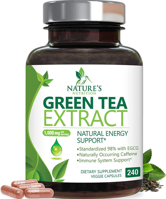 Green Tea Extract Capsules 1000 mg Per Serving - 3X Strength Green Tea Pills with 45% EGCG & 98% Polyphenols for Natural Energy - Vegan Antioxidant Herbal Supplement for Heart Support - 240 Capsules