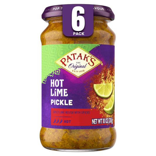 Patak’s Hot Lime Pickle - Authentic Indian Relish w/Lime Dices, Mustard Seeds & Aromatic Spices - Perfect for Sandwiches, Curries, Salads & Cold Meats - Vegan Spicy Pickle - 10oz Jar (Pack of 6)