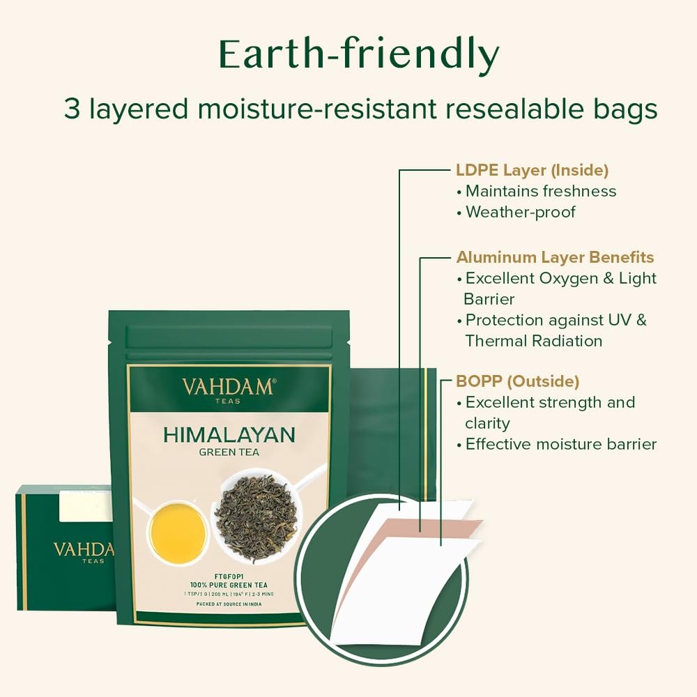 VAHDAM, Himalayan Green Tea Leaves (50+ Cups, 3.53 Oz) Non GMO, Gluten Free | High Elevation Grown Green Tea Leaves From Himalayas | Pure Unblended Single Origin Green Loose Leaf Tea | Vacuum Sealed
