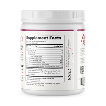 Snap Supplements Organic Beet Root Powder Nitric Oxide Supplement for Men & Women, Red Spinach & Pomegranate, Supports Healthy Energy & Blood Pressure Already in Normal Range, 30 Servings, Mixed Berry