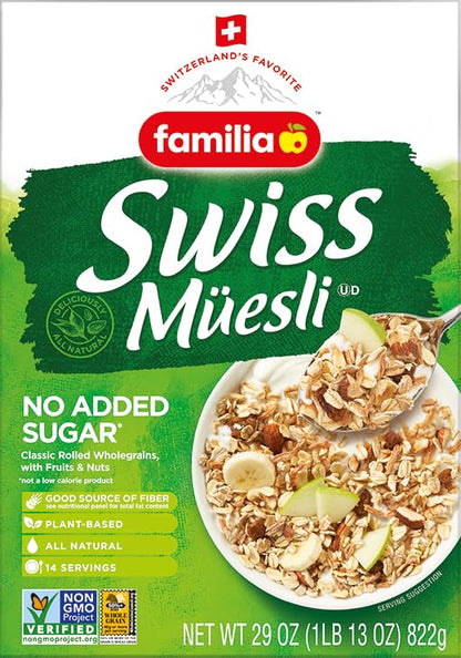 Familia Swiss Muesli Cereal, 0g Added Sugar, Energy-Packed Cereal with Raisins, Hazelnuts and Almonds, 29 Ounce Box (Pack of 6)