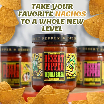 Desert Pepper Tequila Salsa with Tomatoes, Jalapenos, and Premium Tequila. Vegan, Gluten-Free, Low Carb Snack Medium Burn, 16 oz, 6-Pack