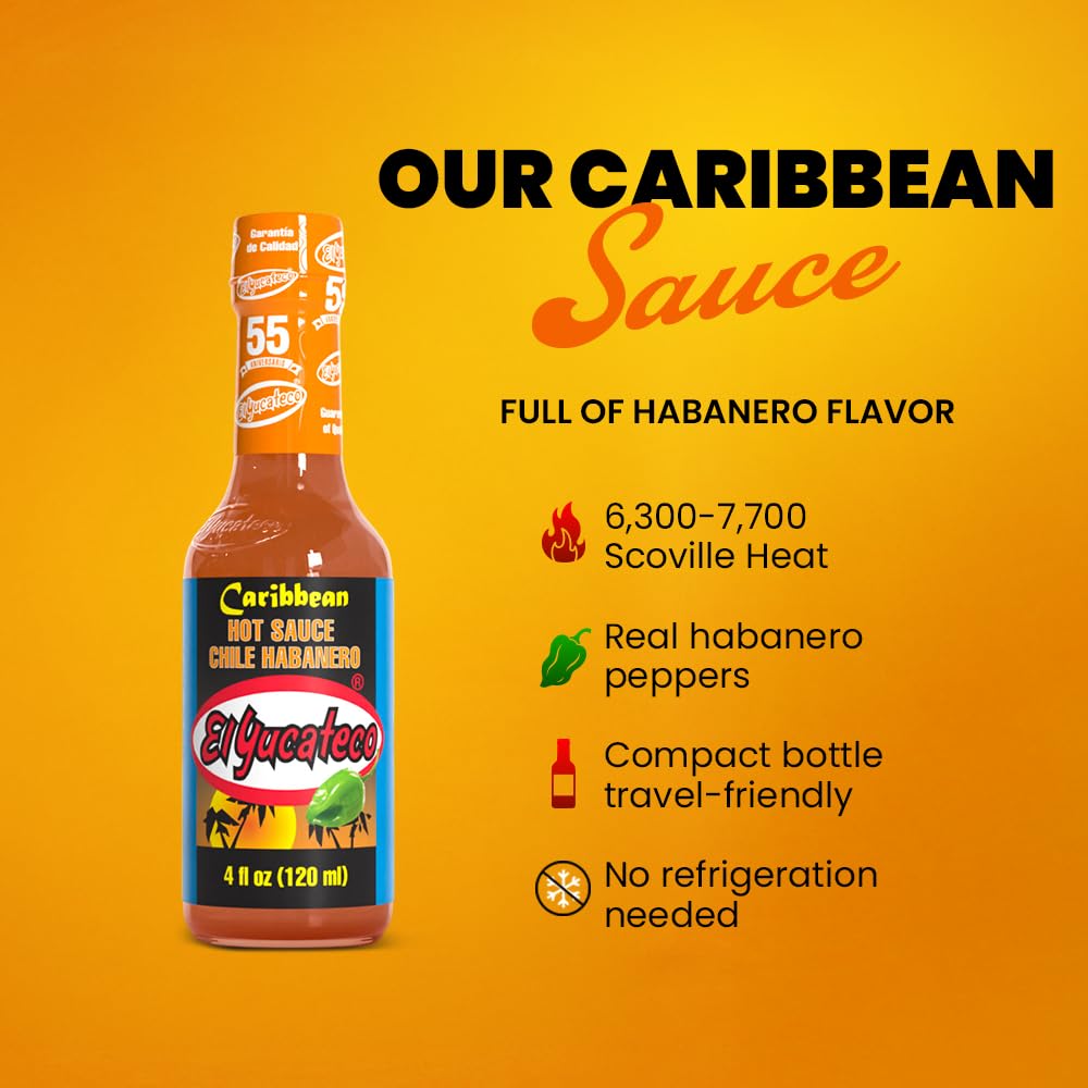 El Yucateco Caribbean Habanero Hot Sauce, Authentic Mexican Caribbean Style, Habanero Pepper Sauce, 4 fl oz Bottles, Pack of 1