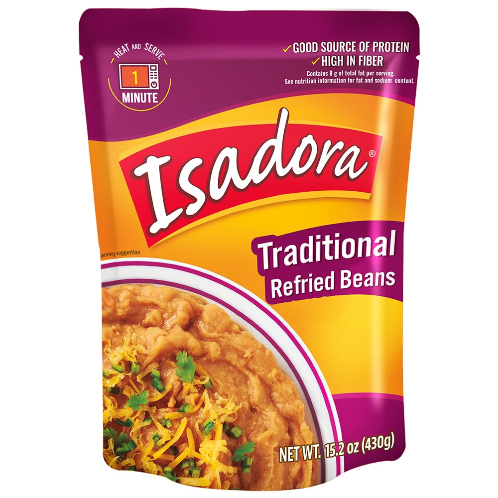 Isadora Traditional Refried Beans in Pouch (Pack of 8), Delicious Refried Beans, Microwave Food Premade Meals, Plant Based Protein,15.2 oz