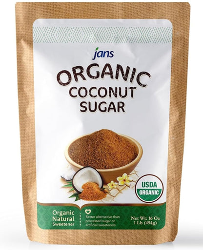 Jans Organic Coconut Sugar 16 oz | Made from Fresh Coconut | Gluten-Free | Non-GMO | Low Glycemic | Paleo & Vegan Friendly | Mild Caramel Flavor | USDA Certified Organic (Pack of 1)