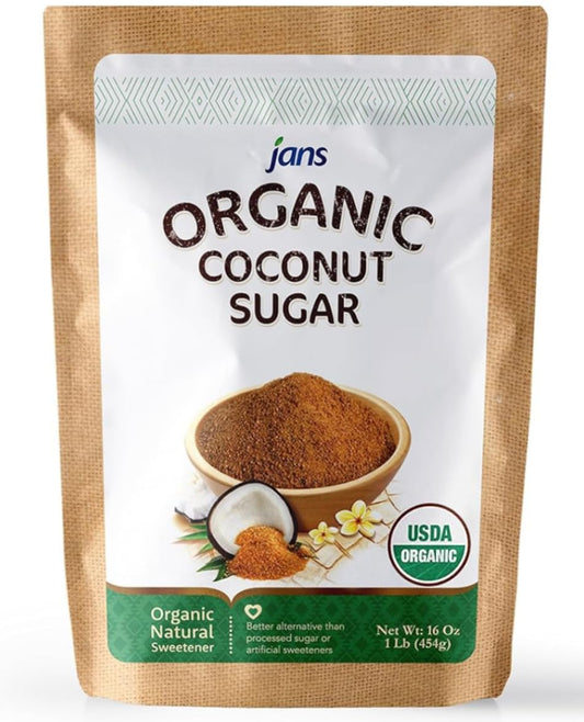 Jans Organic Coconut Sugar 16 oz | Made from Fresh Coconut | Gluten-Free | Non-GMO | Low Glycemic | Paleo & Vegan Friendly | Mild Caramel Flavor | USDA Certified Organic (Pack of 1)