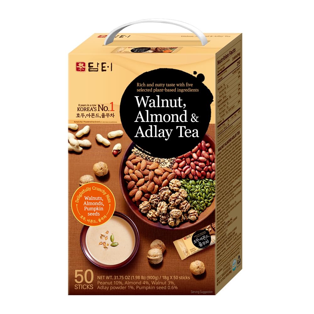 Damtuh Walnut Almond Adlay Tea Drink Mix – Korean Yulmu Cha (Job’s Tears) Roasted Grain & Nut Latte-Style Powder with Crunchy Nut Bits, Caffeine-Free, 18g x 50 Sticks