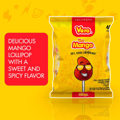 Vero Mango, Chili Covered Mango Flavored Lollipops, 40 Pieces