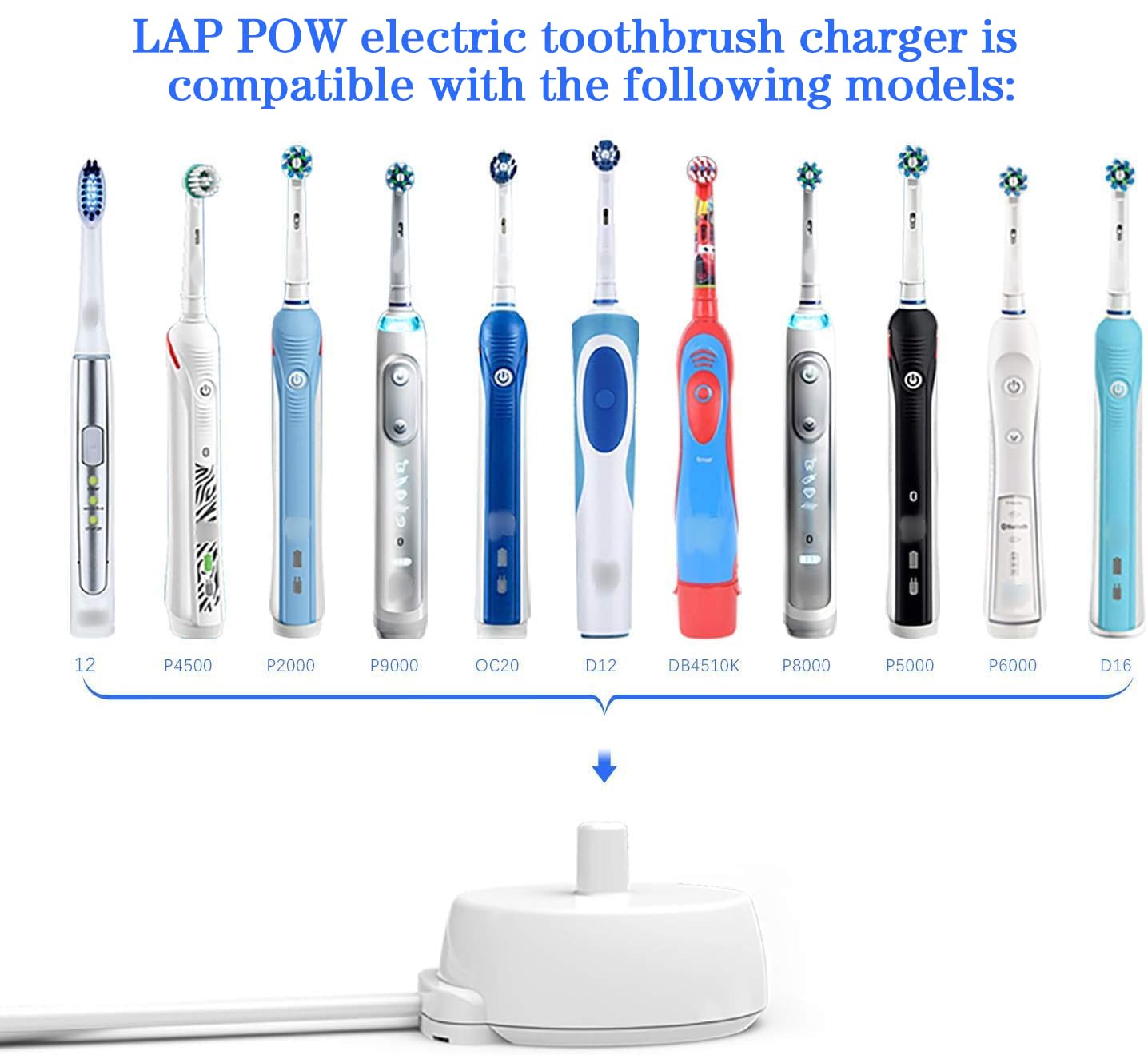 LAP POW Replacement Charger Compatible with Oral B Electric Toothbrush Series 3 4 5 6 Pro 1000/3000/5000, Inductive Charging Base Portable Waterproof Power Cord Environmental ABS, Model XT-3757 White