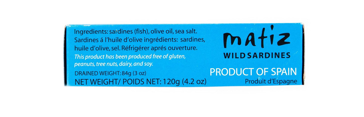 Matiz Sardines in Olive Oil, 4.2 Ounce Can, Spanish Gourmet Wild Caught Natural Fish for Tapas, Snacks, or Meals, Protein Rich, Sealed Freshness