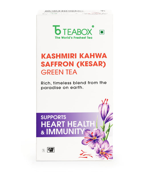 Teabox Kashmiri Kahwa Green Tea | 25 Tea Bags | Whole Green Tea Leaves with Saffron, Cardamom, Cinnamon, Clove and Almond | Gluten-Free Tea, Medium-Caffeine