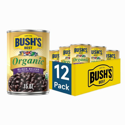 BUSH'S BEST 15 oz Canned Organic Black Beans, Source of Plant Based Protein and Fiber, Low Fat, Gluten Free, (Pack of 12)