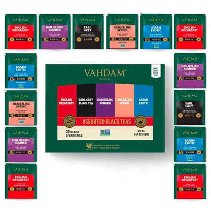 VAHDAM, Assorted Black Tea Bags Sampler (5 Flavors, 20 Ecofriendly Pyramid Tea bags) I Gift Ideas for Women & Men | Assam and Darjeeling Teas | Gluten Free & Non GMO | Gifts for Him/Her