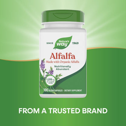 Nature's Way Alfalfa, Made With Organic Alfalfa, 1,215 mg per 3-capsule serving, Alfalfa Herbal Capsule, Gluten Free, Vegan, 100 Capsules (Packaging May Vary)