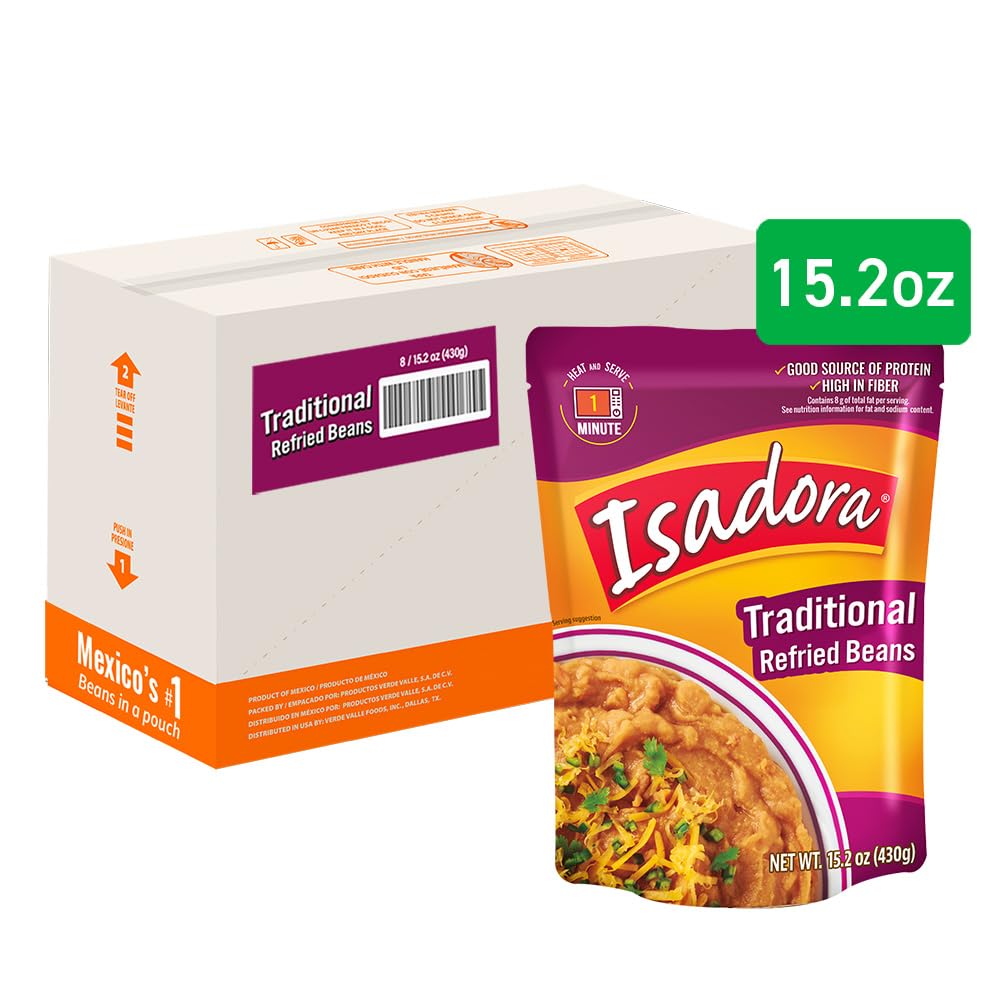 Isadora Traditional Refried Beans in Pouch (Pack of 8), Delicious Refried Beans, Microwave Food Premade Meals, Plant Based Protein,15.2 oz