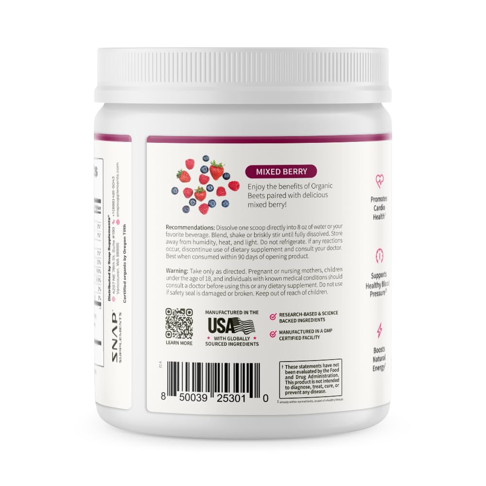 Snap Supplements Organic Beet Root Powder Nitric Oxide Supplement for Men & Women, Red Spinach & Pomegranate, Supports Healthy Energy & Blood Pressure Already in Normal Range, 30 Servings, Mixed Berry