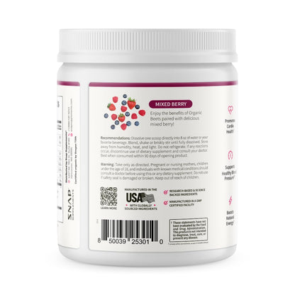 Snap Supplements Organic Beet Root Powder Nitric Oxide Supplement for Men & Women, Red Spinach & Pomegranate, Supports Healthy Energy & Blood Pressure Already in Normal Range, 30 Servings, Mixed Berry