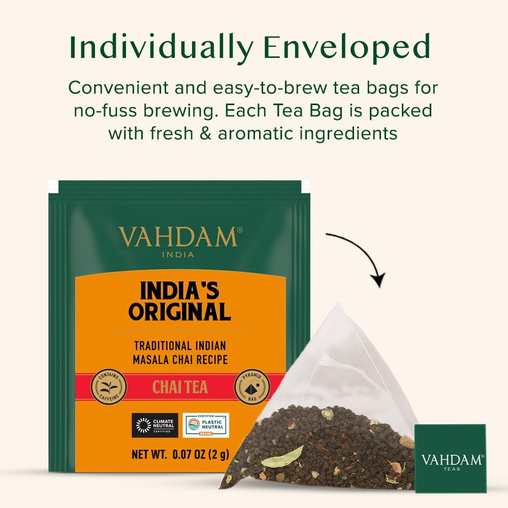 VAHDAM, India's Original Masala Chai Tea (30 Pyramid Tea Bags) Non GMO, Gluten Free, No Artificial Flavors | Blended w/Exotic Spices | Chai Tea Bags | Resealable Ziplock Pouch