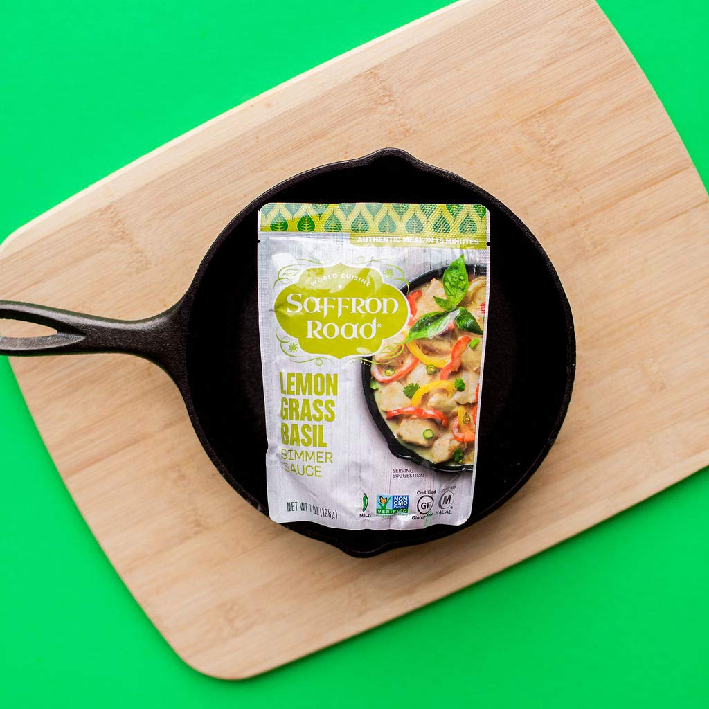 Saffron Road Lemongrass Basil Simmer Sauce | Globally Inspired Simmer Sauce | Gluten-free, Vegan, Non-GMO, and Certified Halal and Kosher | 7.0oz Pouch | Pack of 8