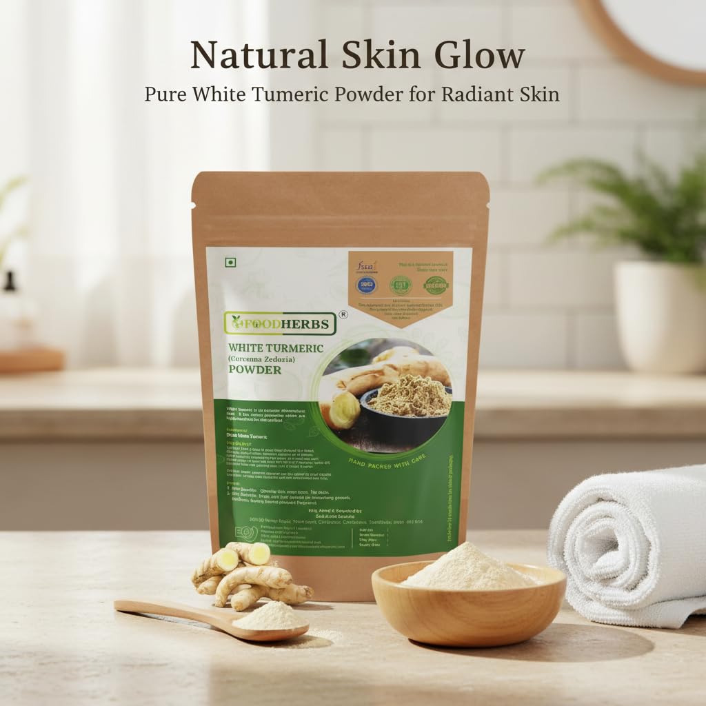 FOODHERBS White Turmeric Powder | 200 Gm/0.44 Lbs | Curcuma Zedoaria | For Glowing Skin, Body Odor, Reducing Scars, Black Spots | No Stain | Kachoor | Poolankilangu | Skin Hydration