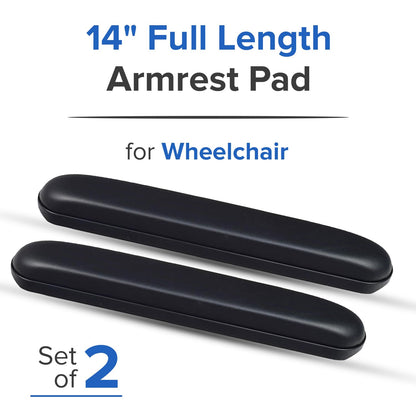 AlveyTech Heavy Duty Black 14" Full Length Padded Vinyl Armrest Pad for Wheelchair (Set of 2) - Replacement Comfortable Pads with Four Mounting Screws for Invacare & Drive Medical Wheelchairs