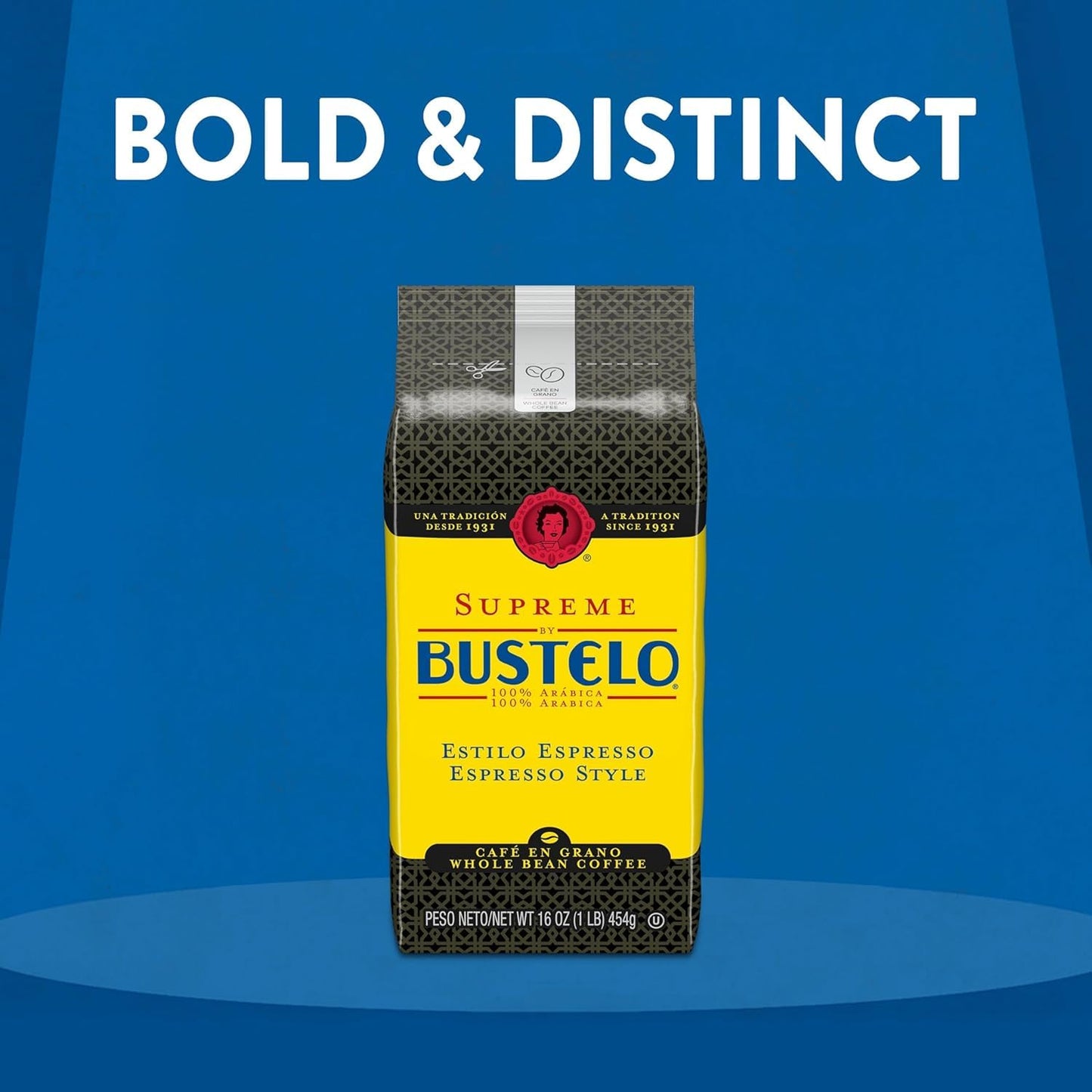 Café Bustelo Supreme by Bustelo Espresso Style Dark Roast Whole Bean Coffee, 16 Ounce (Pack of 8), Red