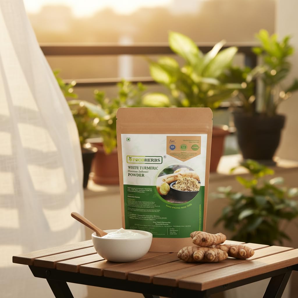 FOODHERBS White Turmeric Powder | 200 Gm/0.44 Lbs | Curcuma Zedoaria | For Glowing Skin, Body Odor, Reducing Scars, Black Spots | No Stain | Kachoor | Poolankilangu | Skin Hydration