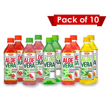 OKF Farmer's Aloe Vera Drink Flavored Variety Pack - Original, Pomegranate, Pineapple, Strawberry, Watermelon Flavored Aloe Drinks (16.9oz/500ml Bottles 10 Count)