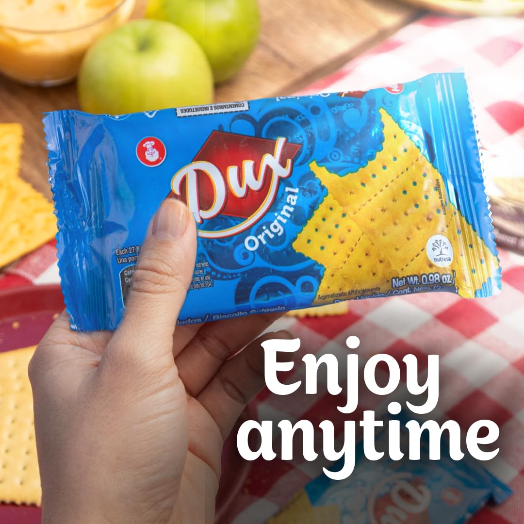 Dux, Original Crackers, Salty & Crunchy, Enjoy Anytime, 8.82 Ounce, 1 Box contains 4 Bags, each with 9 Individual Packs and every pack includes 3 Crackers, totaling 36 crackers per box.