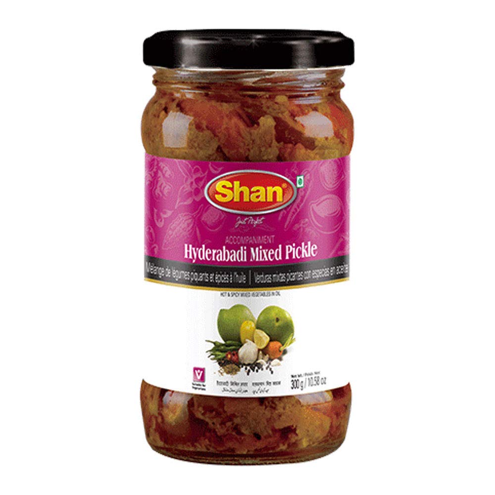 Shan Hyderabadi Mixed Pickle 10.58 oz (300g) - Hot and Spicy Mixed Vegetables Pickled in Oil - Perfect Accompaniment to Everyday Meals - Suitable for Vegetarians - Airtight Pet Jar