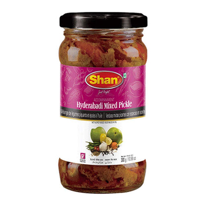 Shan Hyderabadi Mixed Pickle 10.58 oz (300g) - Hot and Spicy Mixed Vegetables Pickled in Oil - Perfect Accompaniment to Everyday Meals - Suitable for Vegetarians - Airtight Pet Jar