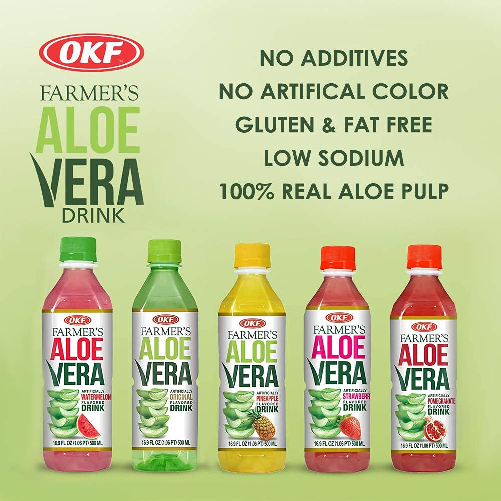 OKF Farmer's Aloe Vera Drink Flavored Variety Pack - Original, Pomegranate, Pineapple, Strawberry, Watermelon Flavored Aloe Drinks (16.9oz/500ml Bottles 10 Count)