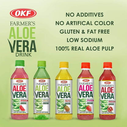 OKF Farmer's Aloe Vera Drink Flavored Variety Pack - Original, Pomegranate, Pineapple, Strawberry, Watermelon Flavored Aloe Drinks (16.9oz/500ml Bottles 10 Count)