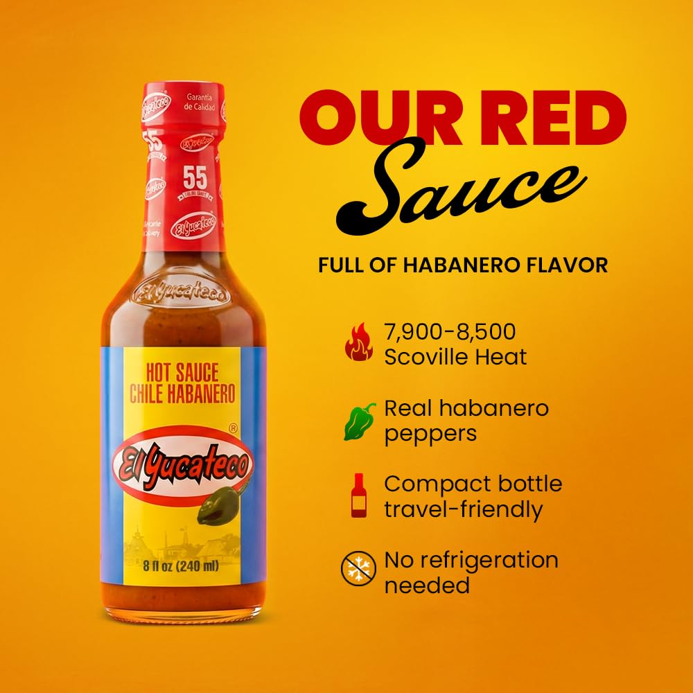El Yucateco Red Habanero Hot Sauce Authentic Mexican Chile Habanero Sauce, Medium Heat, Pack of 1 (8 fl oz / 120 ml), Imported from Mexico