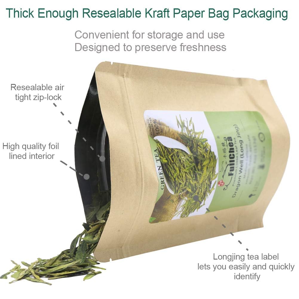 FullChea - Longjing Tea - Dragonwell Tea - Chinese Green Tea Loose Leaf - First Grade - Natural Lung Ching Dragon Well - 8oz / 226g