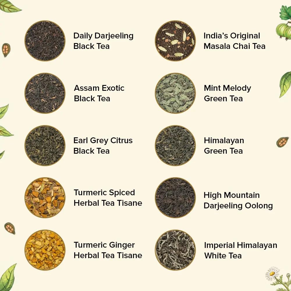 VAHDAM Top 10 Favourites Tea Sampler Set | Loose Leaf Tea (50+ Cups) | Tea Variety Pack with Green, Herbal, Black & Chai Brew | Vacuum Sealed For Freshness | Brew Hot & Cold