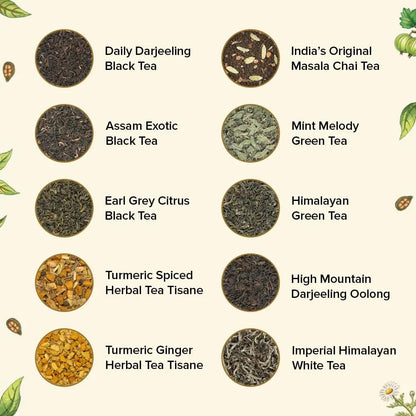 VAHDAM Top 10 Favourites Tea Sampler Set | Loose Leaf Tea (50+ Cups) | Tea Variety Pack with Green, Herbal, Black & Chai Brew | Vacuum Sealed For Freshness | Brew Hot & Cold
