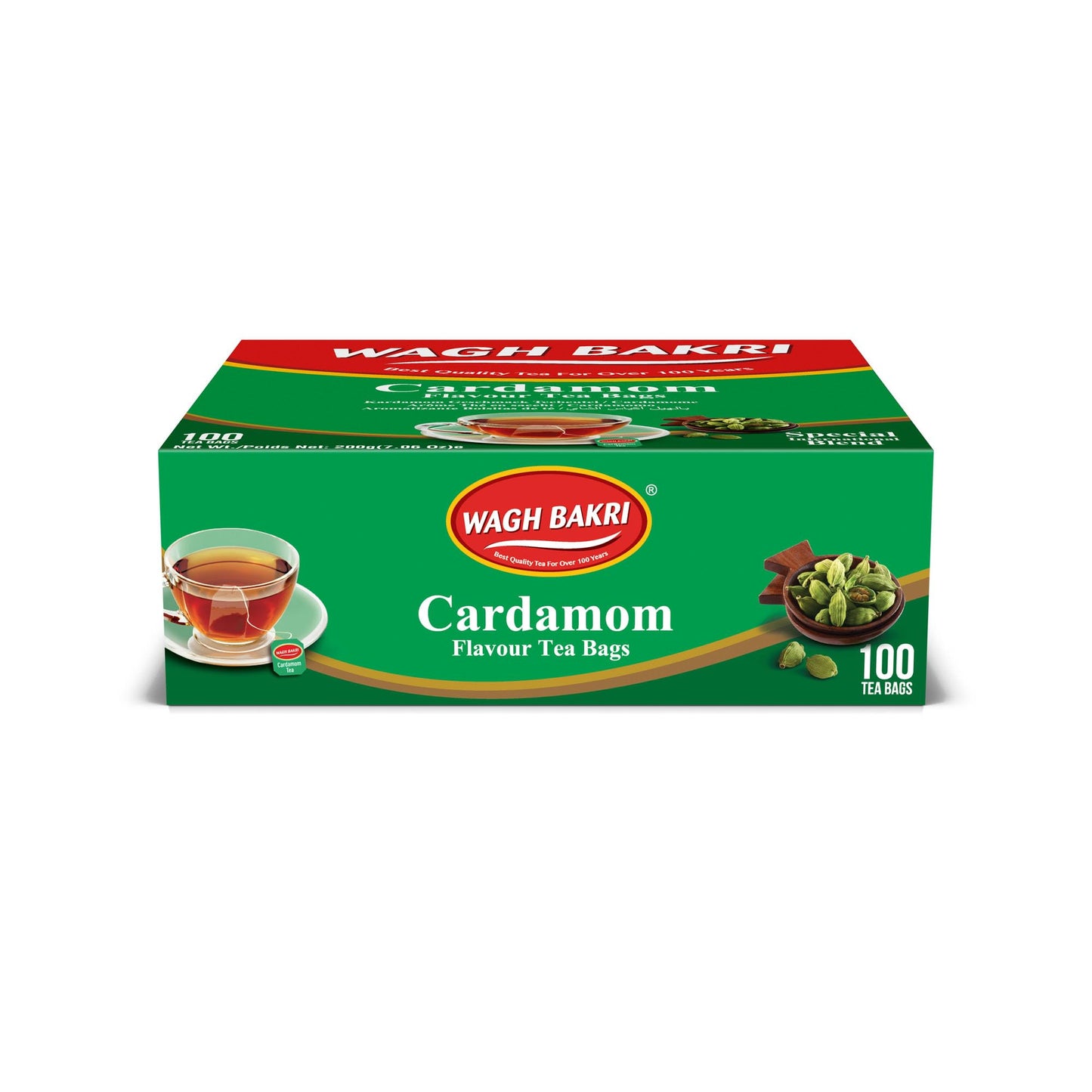 Wagh Bakri Cardamom Flavour Tea bags, 100 Tea Bags of Special International Blend, 200 grams