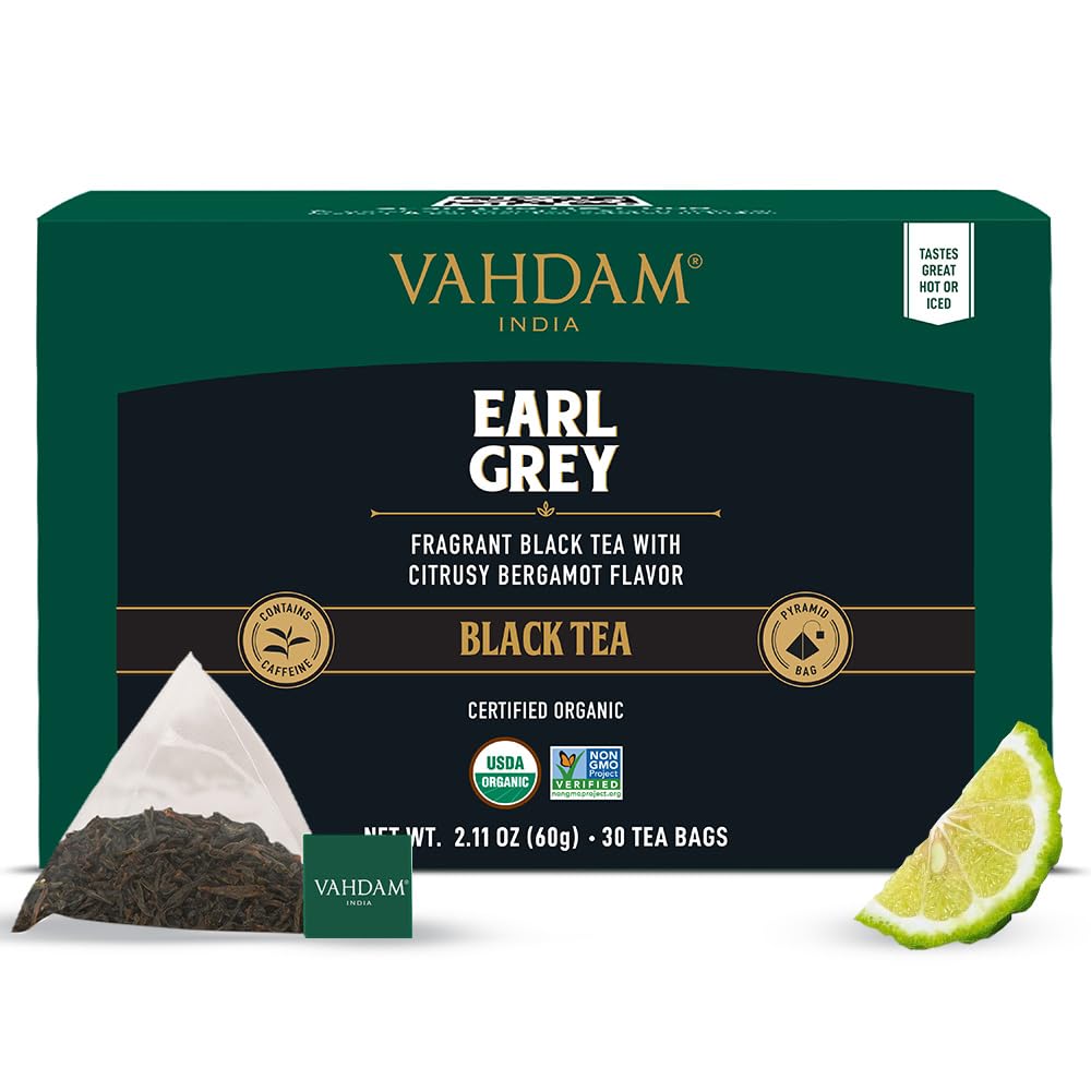 VAHDAM, Earl Grey Black Tea Bags (30 Count) Medium Caffeine, Non GMO, Gluten Free | Citrus Bergamot & Smooth | Resealable Ziplock Pouch | Individually Wrapped | Plant Based Tea Bags