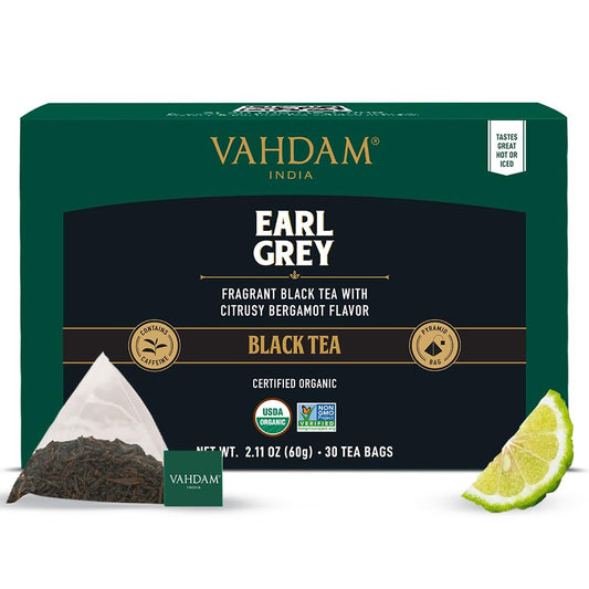 VAHDAM, Earl Grey Black Tea Bags (30 Count) Medium Caffeine, Non GMO, Gluten Free | Citrus Bergamot & Smooth | Resealable Ziplock Pouch | Individually Wrapped | Plant Based Tea Bags