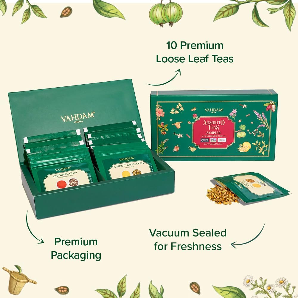 VAHDAM Top 10 Favourites Tea Sampler Set | Loose Leaf Tea (50+ Cups) | Tea Variety Pack with Green, Herbal, Black & Chai Brew | Vacuum Sealed For Freshness | Brew Hot & Cold