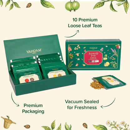 VAHDAM Top 10 Favourites Tea Sampler Set | Loose Leaf Tea (50+ Cups) | Tea Variety Pack with Green, Herbal, Black & Chai Brew | Vacuum Sealed For Freshness | Brew Hot & Cold
